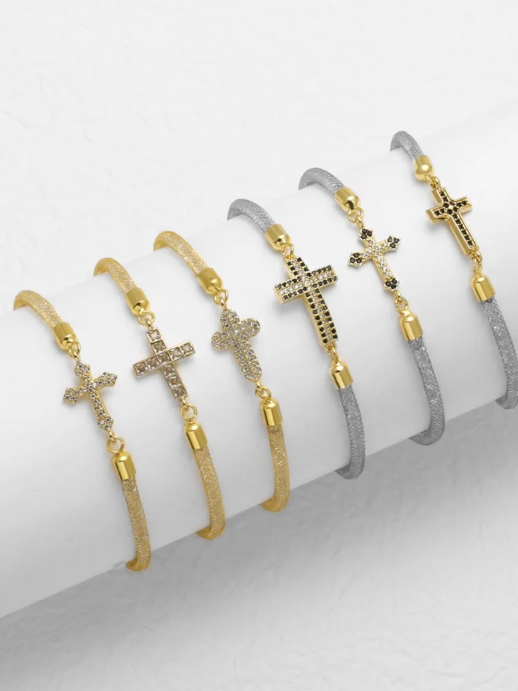 Elegant Simple Style Streetwear Cross Copper Inlay Zircon 18K Gold Plated Unisex Bracelets display picture 2