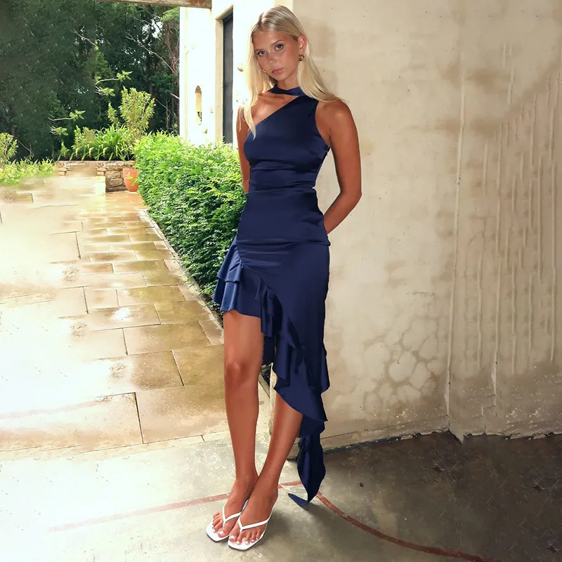 Women's Sheath Dress Satin Dress Elegant Oblique Collar Sleeveless Solid Color Asymmetrical Dress Casual Beach display picture 11