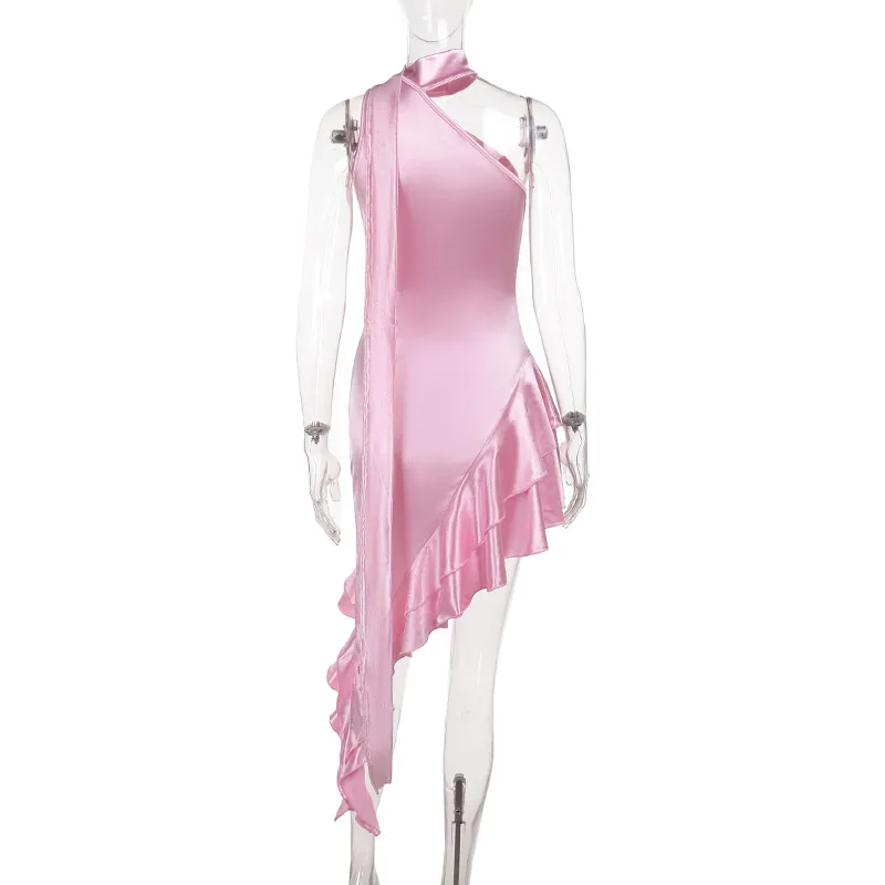 Women's Sheath Dress Satin Dress Elegant Oblique Collar Sleeveless Solid Color Asymmetrical Dress Casual Beach display picture 14