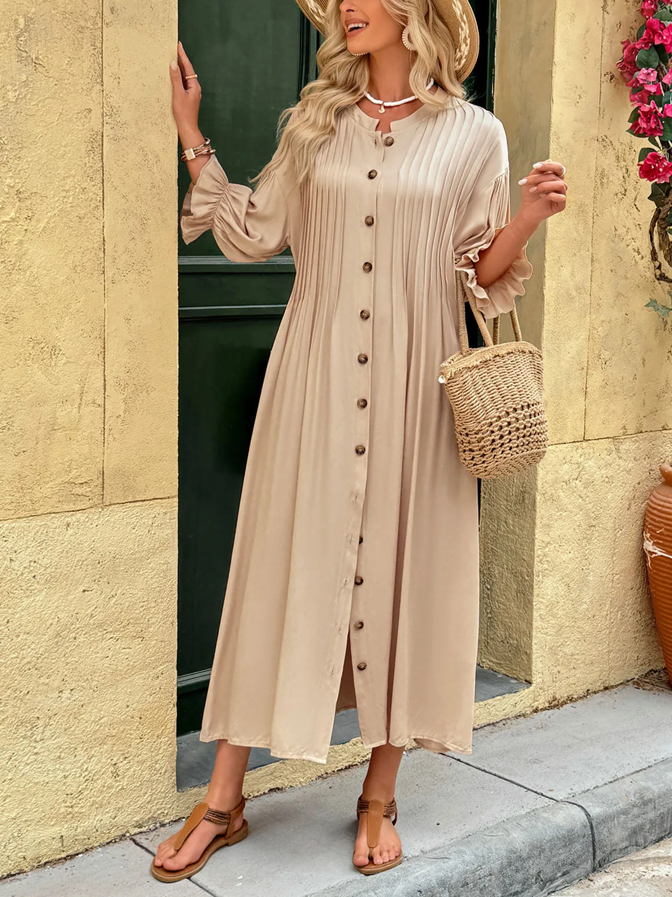 Women's Sheath Dress Elegant Round Neck Button 3/4 Length Sleeve Stripe Midi Dress Holiday Daily display picture 3