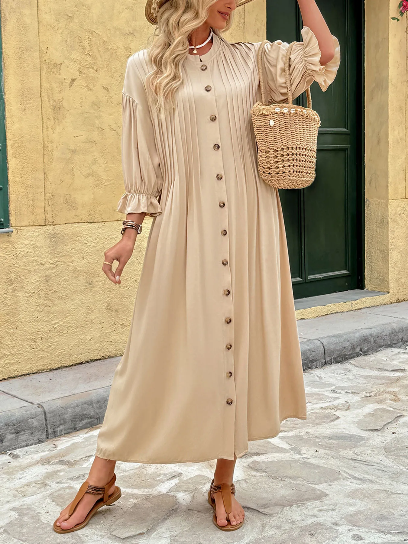 Women's Sheath Dress Elegant Round Neck Button 3/4 Length Sleeve Stripe Midi Dress Holiday Daily display picture 5