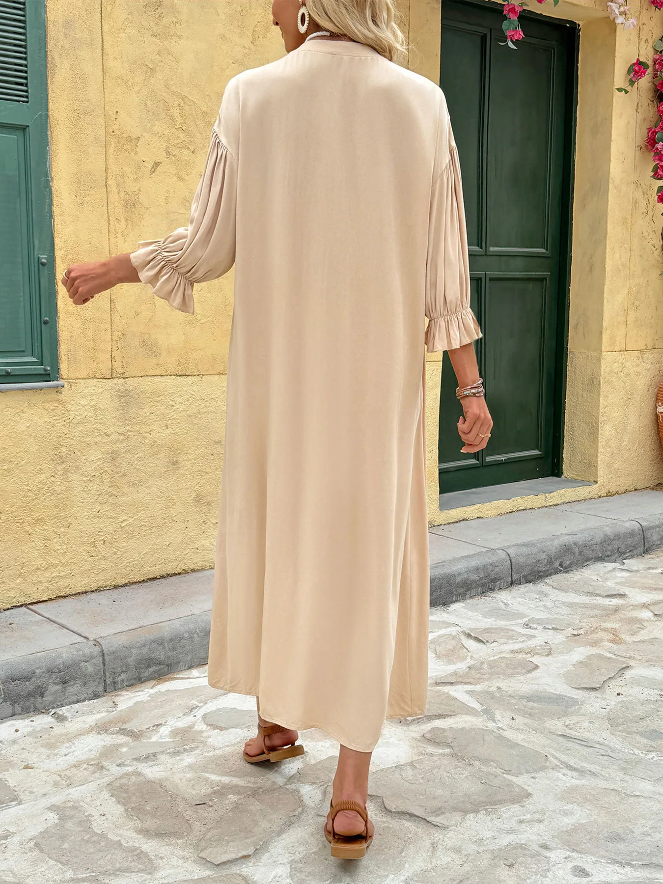 Women's Sheath Dress Elegant Round Neck Button 3/4 Length Sleeve Stripe Midi Dress Holiday Daily display picture 6