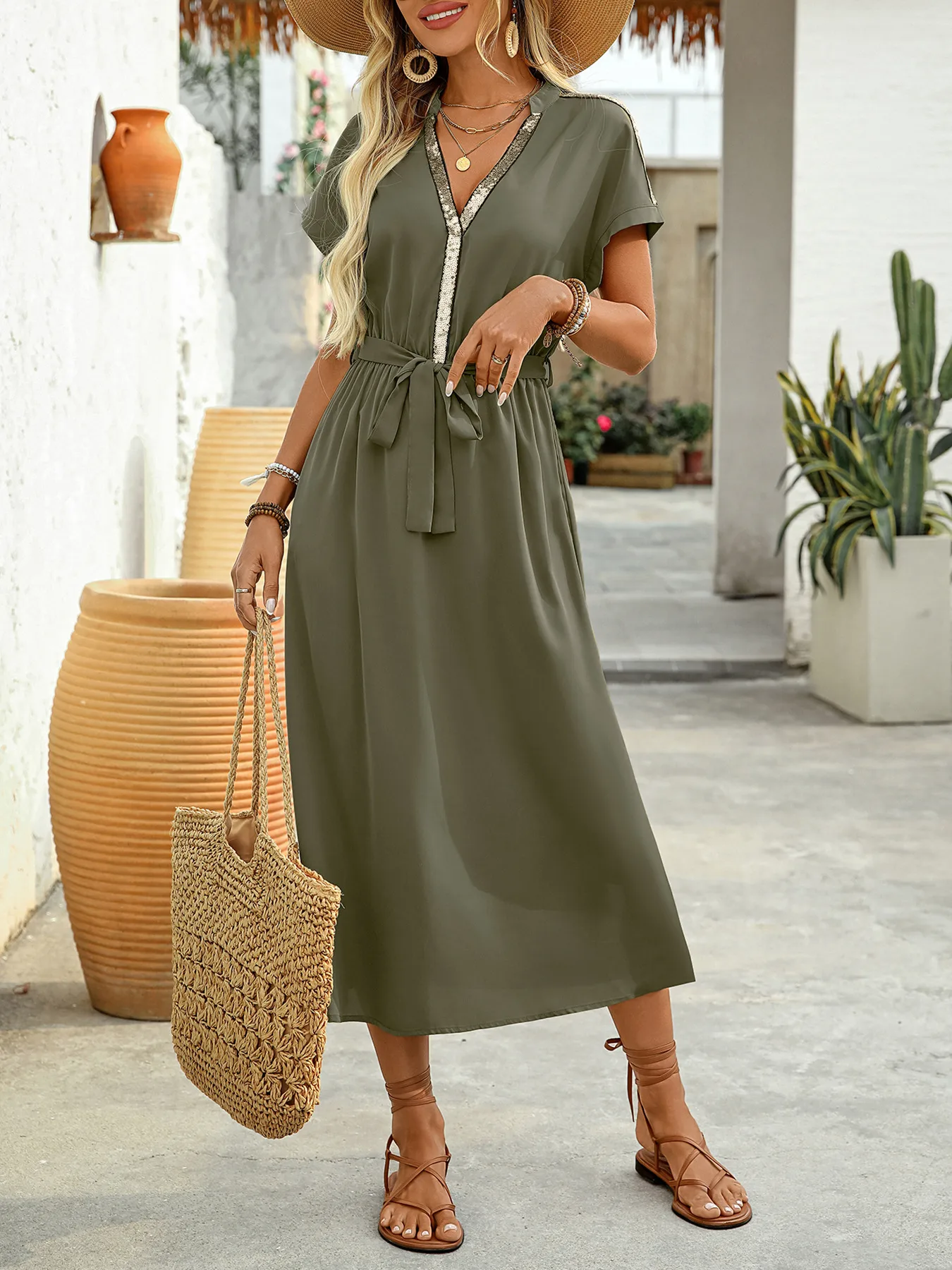Women's Sheath Dress Elegant Simple Style V Neck Sequins Belt Pleated Short Sleeve Solid Color Midi Dress Holiday Daily display picture 1