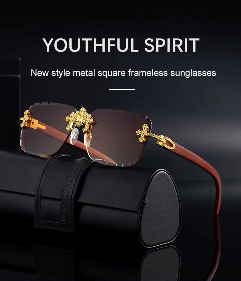New  Retro Frameless Sunglasses Men's Diamond Cut Edge Imitation Wood Pattern Sunglasses Legs Men's  Wholesale display picture 1
