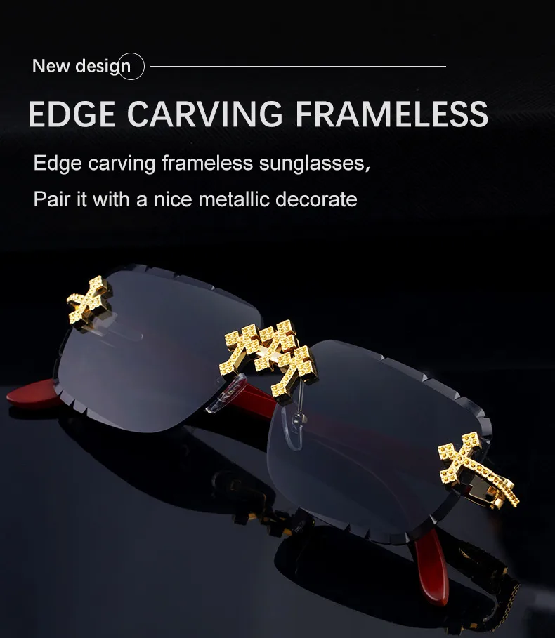 New  Retro Frameless Sunglasses Men's Diamond Cut Edge Imitation Wood Pattern Sunglasses Legs Men's  Wholesale display picture 2