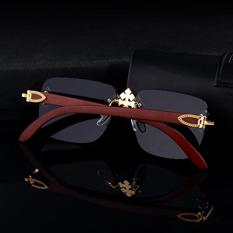 New  Retro Frameless Sunglasses Men's Diamond Cut Edge Imitation Wood Pattern Sunglasses Legs Men's  Wholesale display picture 3