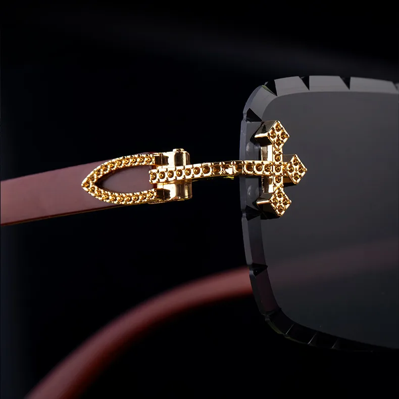 New  Retro Frameless Sunglasses Men's Diamond Cut Edge Imitation Wood Pattern Sunglasses Legs Men's  Wholesale display picture 4