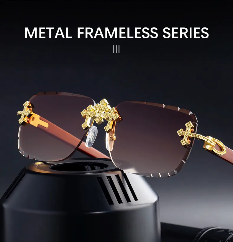 New  Retro Frameless Sunglasses Men's Diamond Cut Edge Imitation Wood Pattern Sunglasses Legs Men's  Wholesale display picture 5