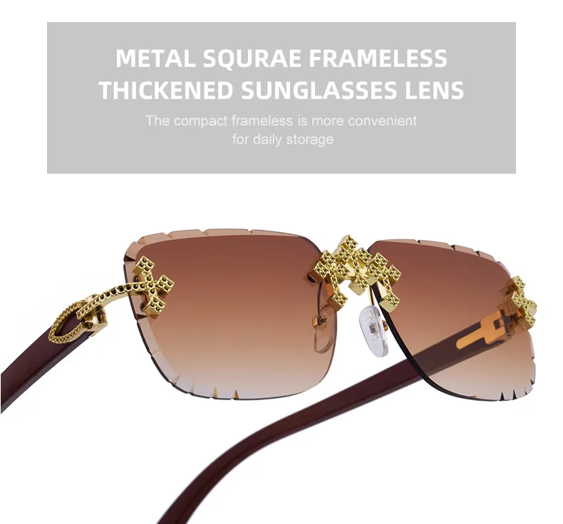 New  Retro Frameless Sunglasses Men's Diamond Cut Edge Imitation Wood Pattern Sunglasses Legs Men's  Wholesale display picture 7