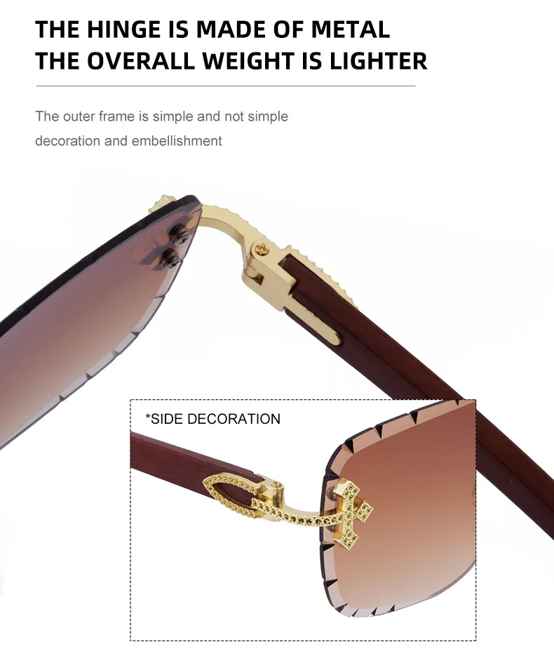 New  Retro Frameless Sunglasses Men's Diamond Cut Edge Imitation Wood Pattern Sunglasses Legs Men's  Wholesale display picture 9