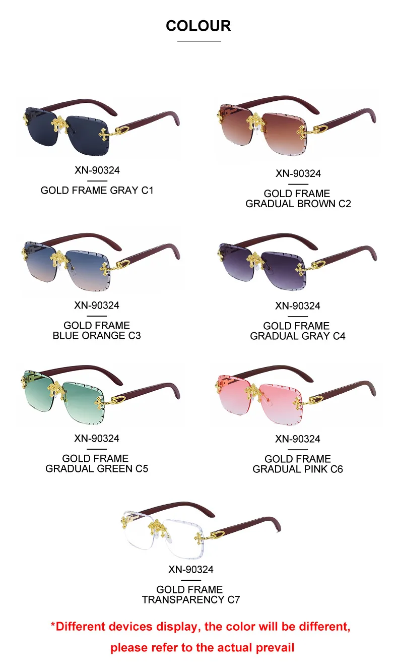 New  Retro Frameless Sunglasses Men's Diamond Cut Edge Imitation Wood Pattern Sunglasses Legs Men's  Wholesale display picture 11