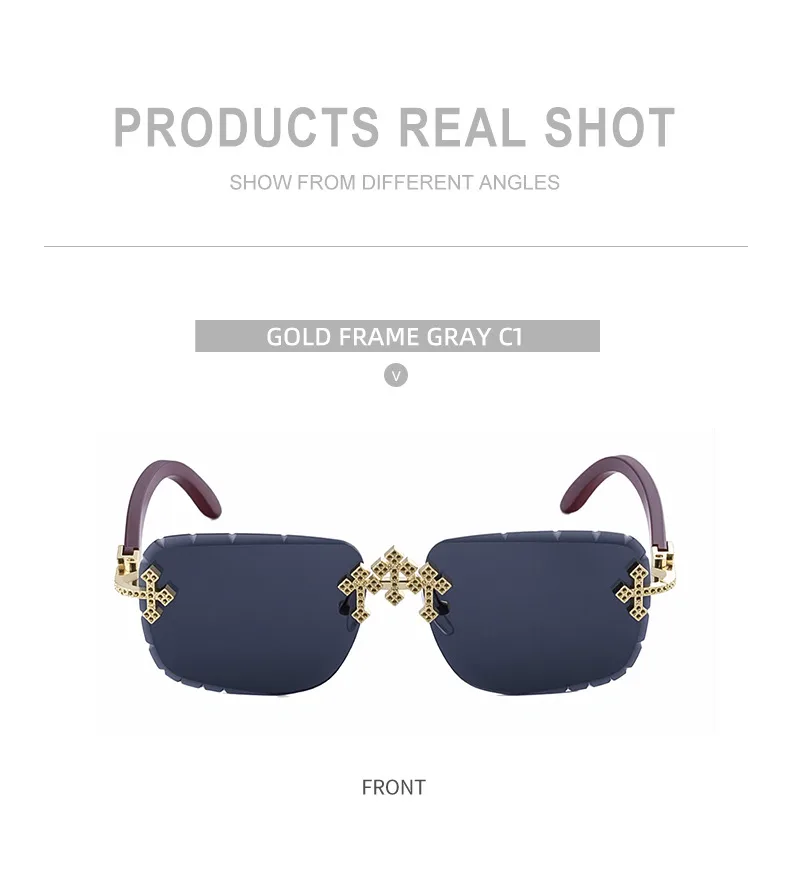 New  Retro Frameless Sunglasses Men's Diamond Cut Edge Imitation Wood Pattern Sunglasses Legs Men's  Wholesale display picture 13