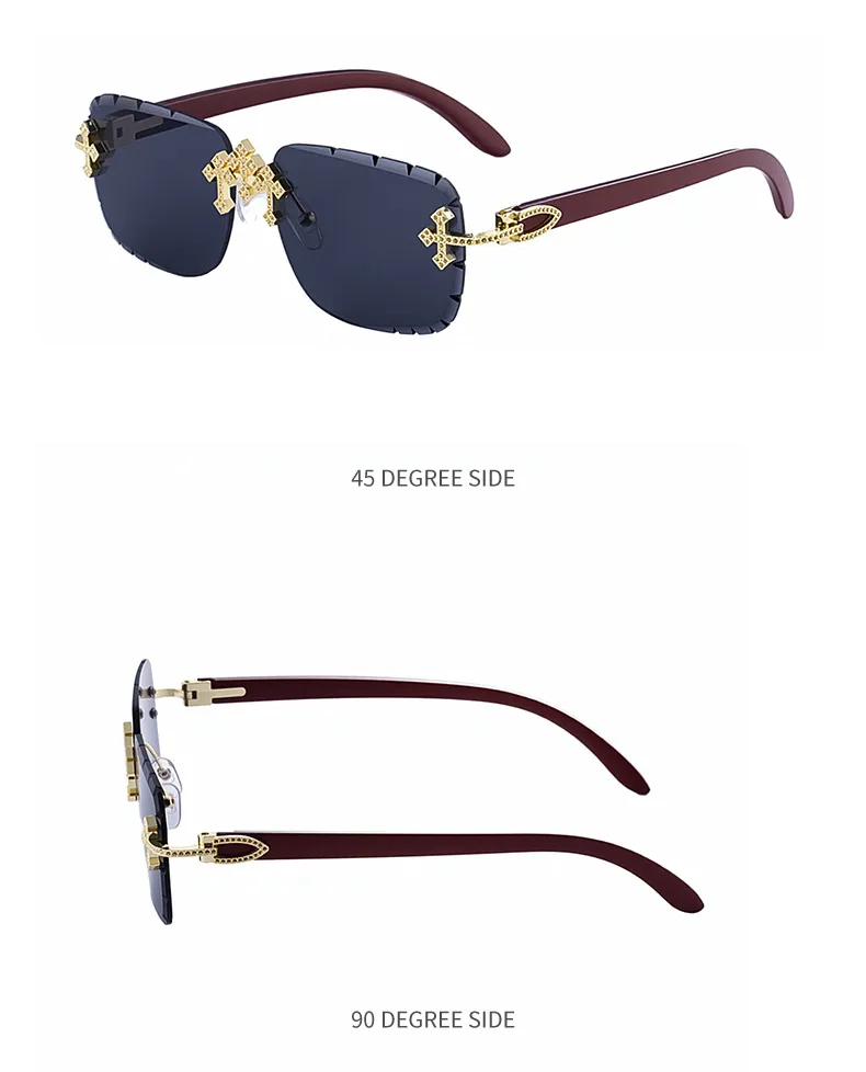 New  Retro Frameless Sunglasses Men's Diamond Cut Edge Imitation Wood Pattern Sunglasses Legs Men's  Wholesale display picture 14