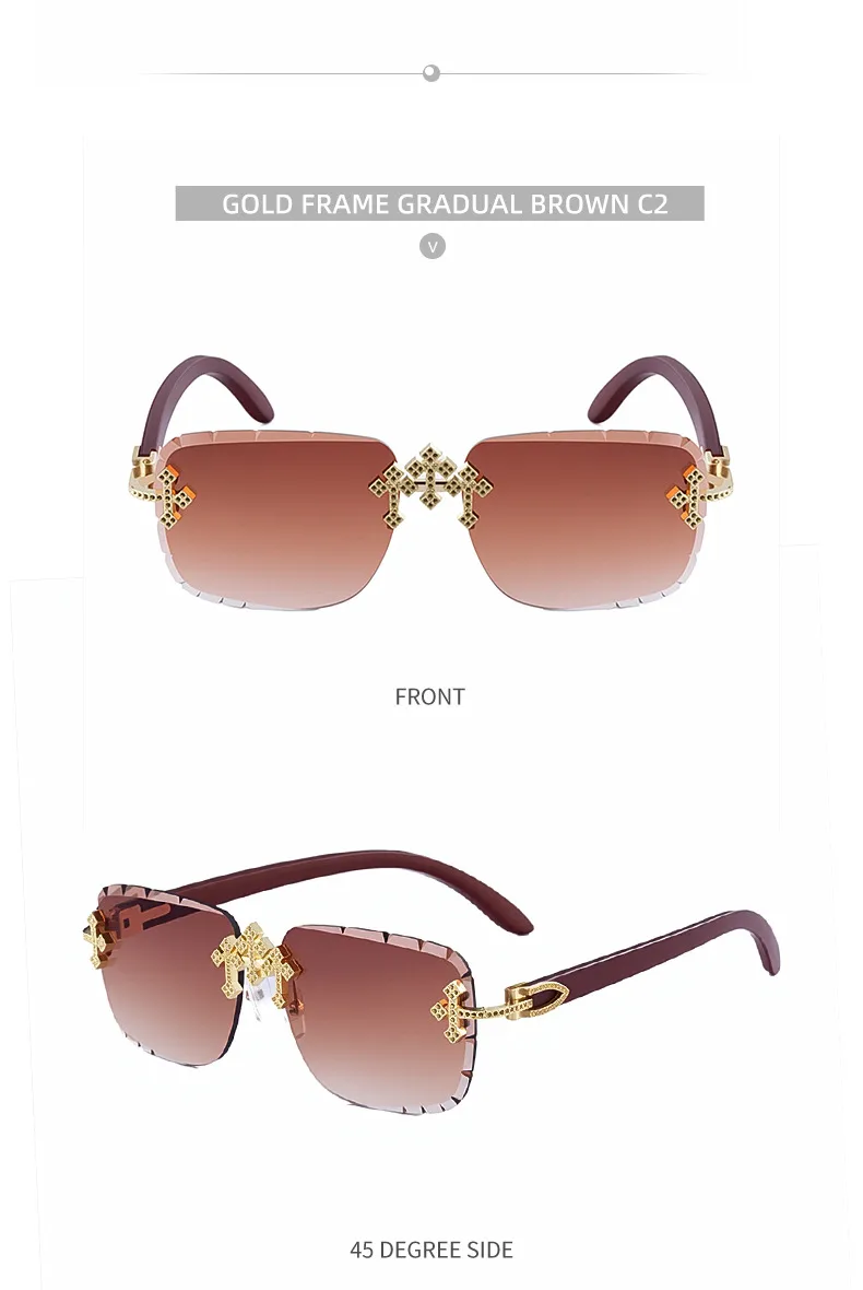 New  Retro Frameless Sunglasses Men's Diamond Cut Edge Imitation Wood Pattern Sunglasses Legs Men's  Wholesale display picture 15