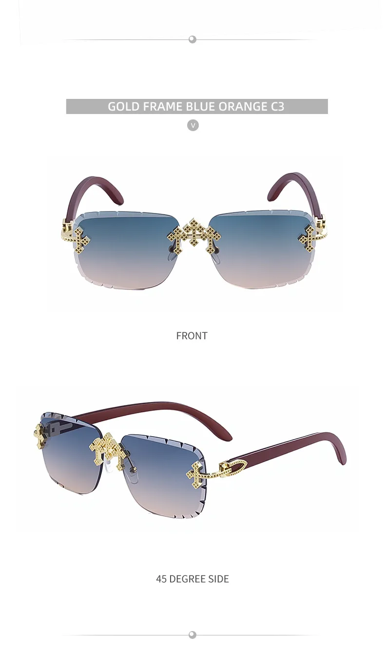 New  Retro Frameless Sunglasses Men's Diamond Cut Edge Imitation Wood Pattern Sunglasses Legs Men's  Wholesale display picture 16