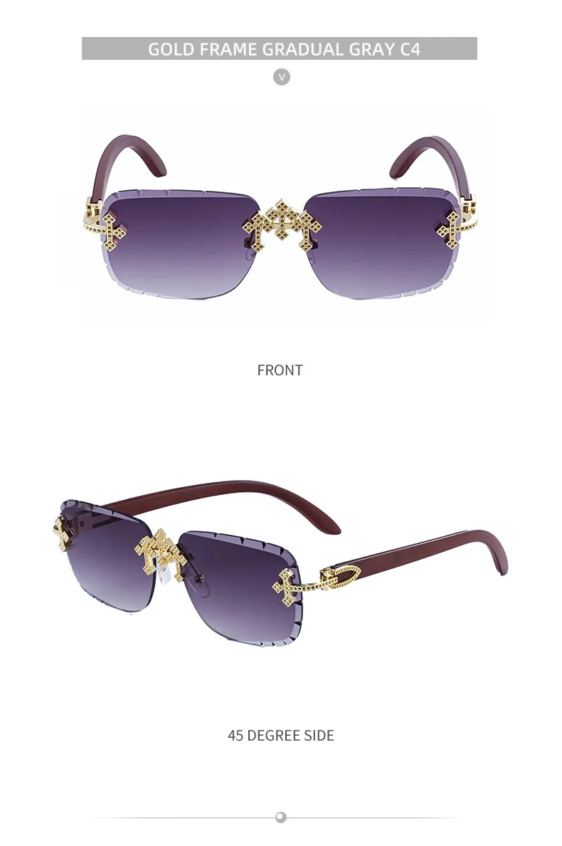 New  Retro Frameless Sunglasses Men's Diamond Cut Edge Imitation Wood Pattern Sunglasses Legs Men's  Wholesale display picture 17