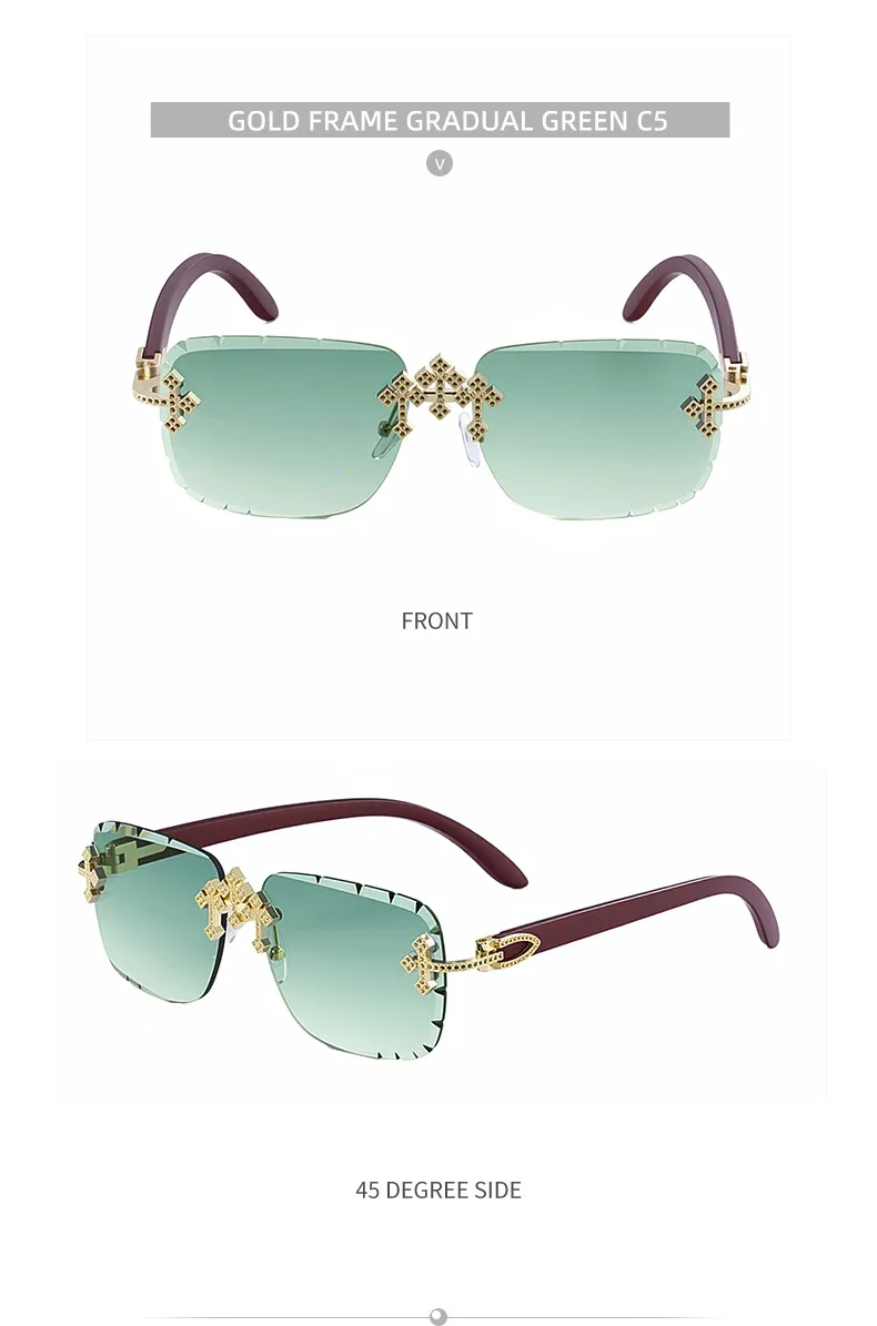New  Retro Frameless Sunglasses Men's Diamond Cut Edge Imitation Wood Pattern Sunglasses Legs Men's  Wholesale display picture 18