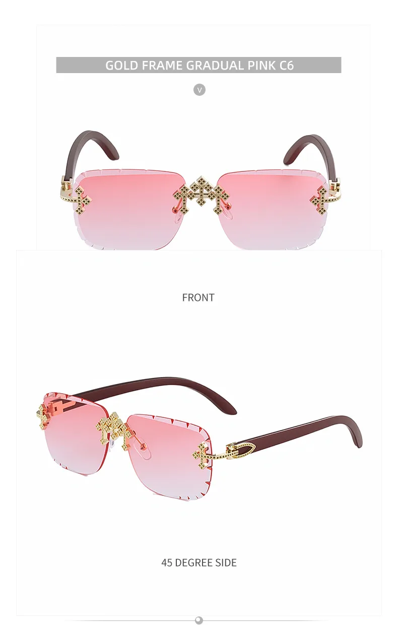 New  Retro Frameless Sunglasses Men's Diamond Cut Edge Imitation Wood Pattern Sunglasses Legs Men's  Wholesale display picture 19