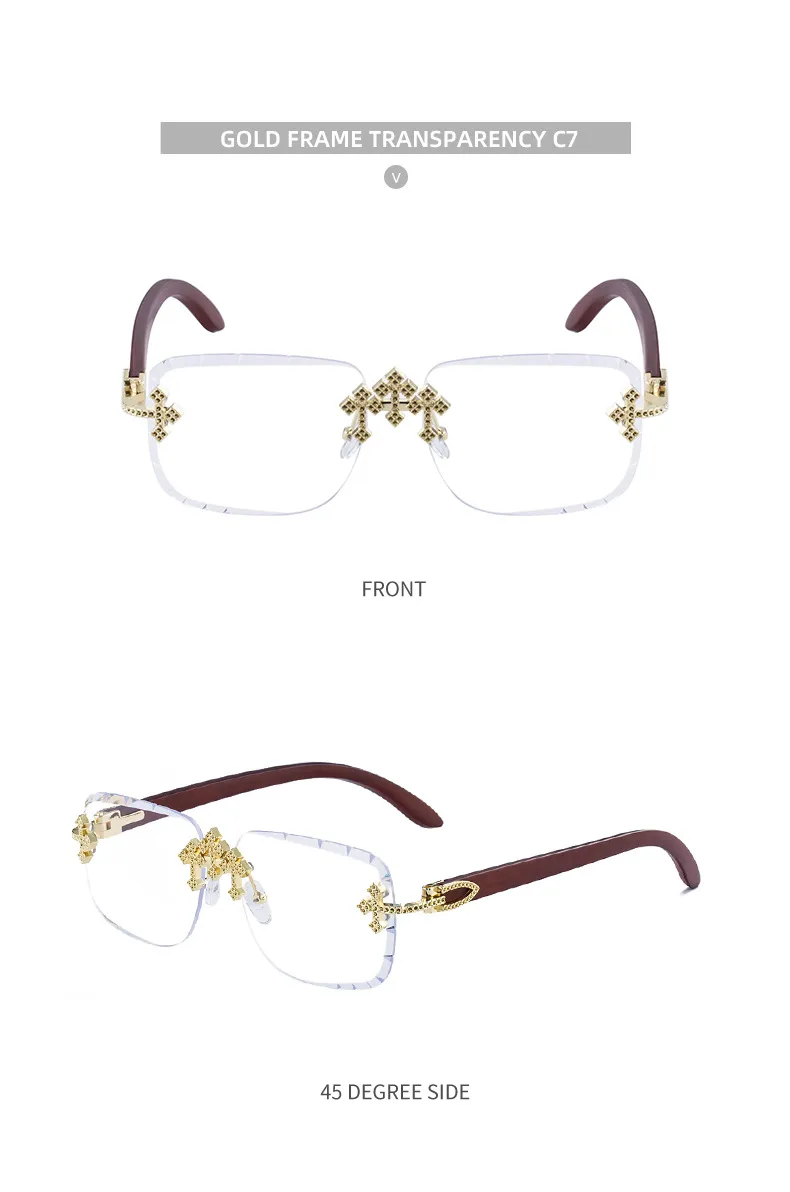 New  Retro Frameless Sunglasses Men's Diamond Cut Edge Imitation Wood Pattern Sunglasses Legs Men's  Wholesale display picture 20