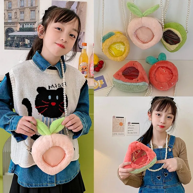 Kid'S Plush Fruit Cute Round Zipper Shoulder Bag display picture 2