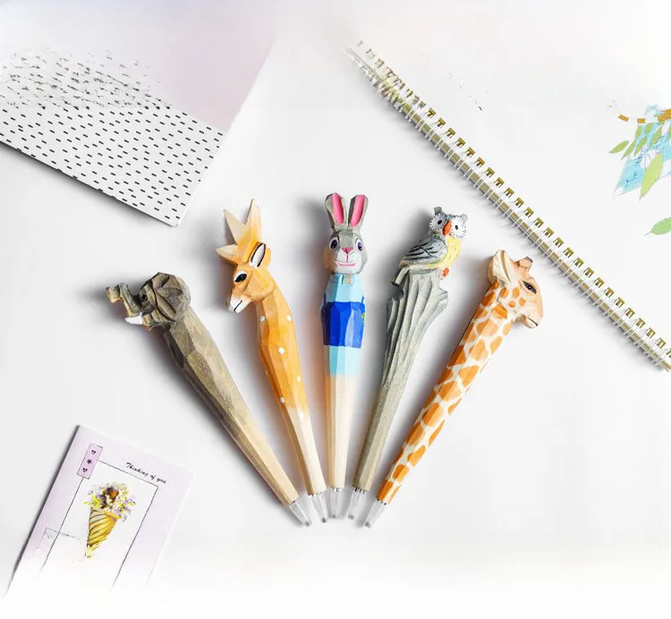 Giraffe Elephant Cute Cartoon Animal Pen Hand Carved Creative Wood Pen Wood Carving Pen DIY Gel Pen display picture 1