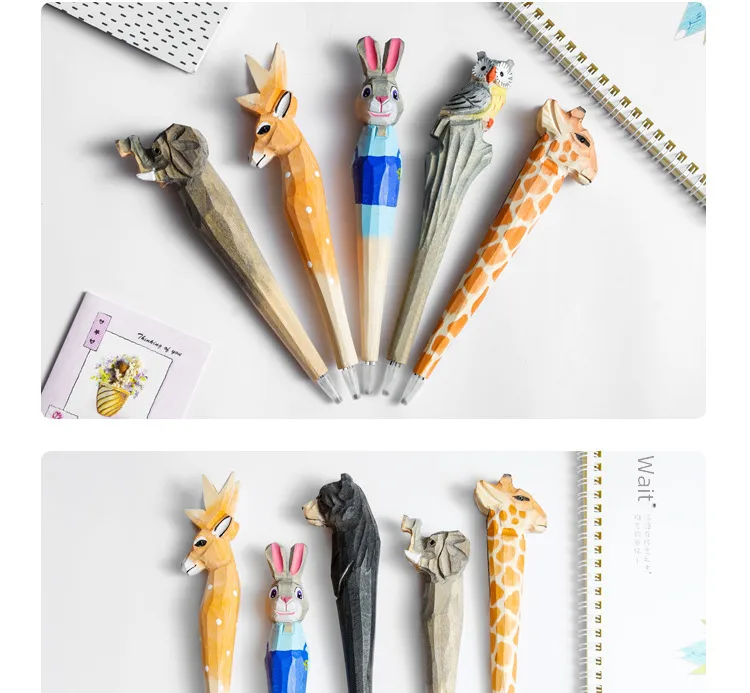 Giraffe Elephant Cute Cartoon Animal Pen Hand Carved Creative Wood Pen Wood Carving Pen DIY Gel Pen display picture 8