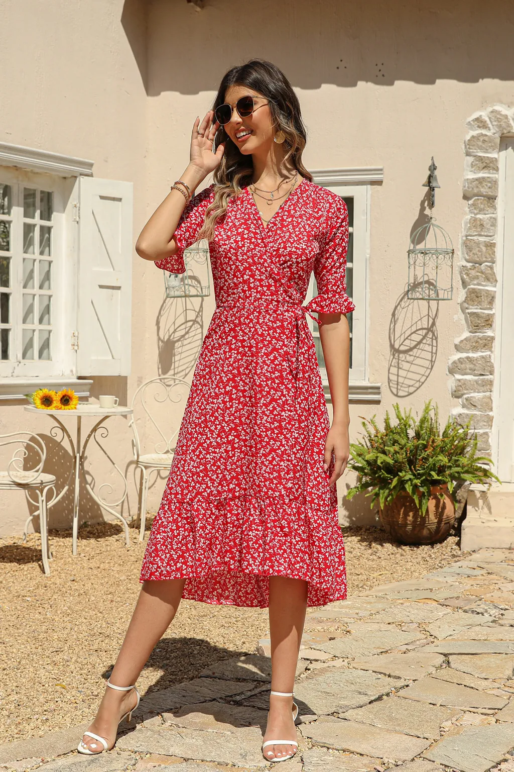 Women's Floral Dress Elegant Bohemian V Neck Short Sleeve Ditsy Floral Knee-Length Holiday Daily Beach display picture 6