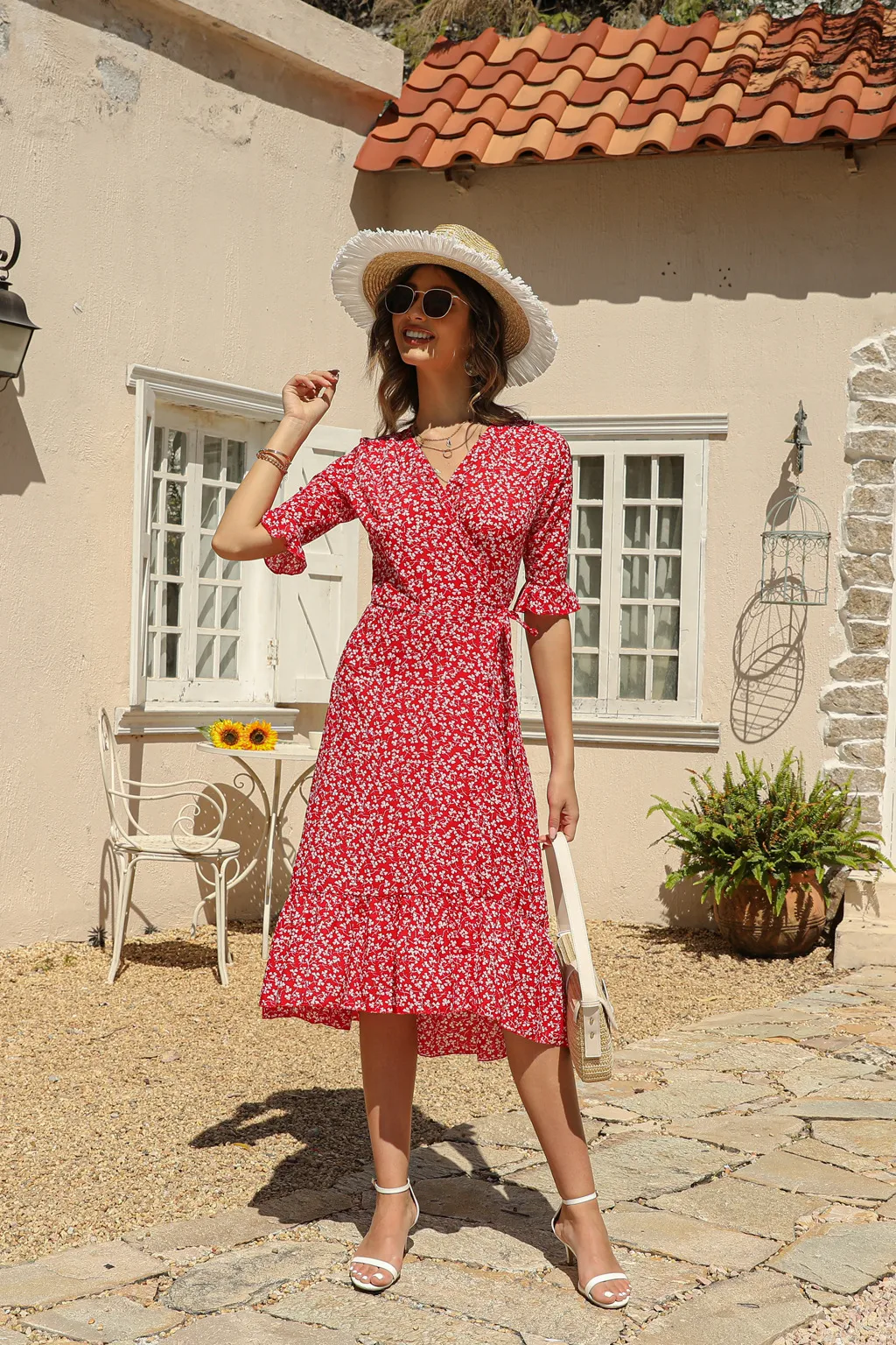 Women's Floral Dress Elegant Bohemian V Neck Short Sleeve Ditsy Floral Knee-Length Holiday Daily Beach display picture 7