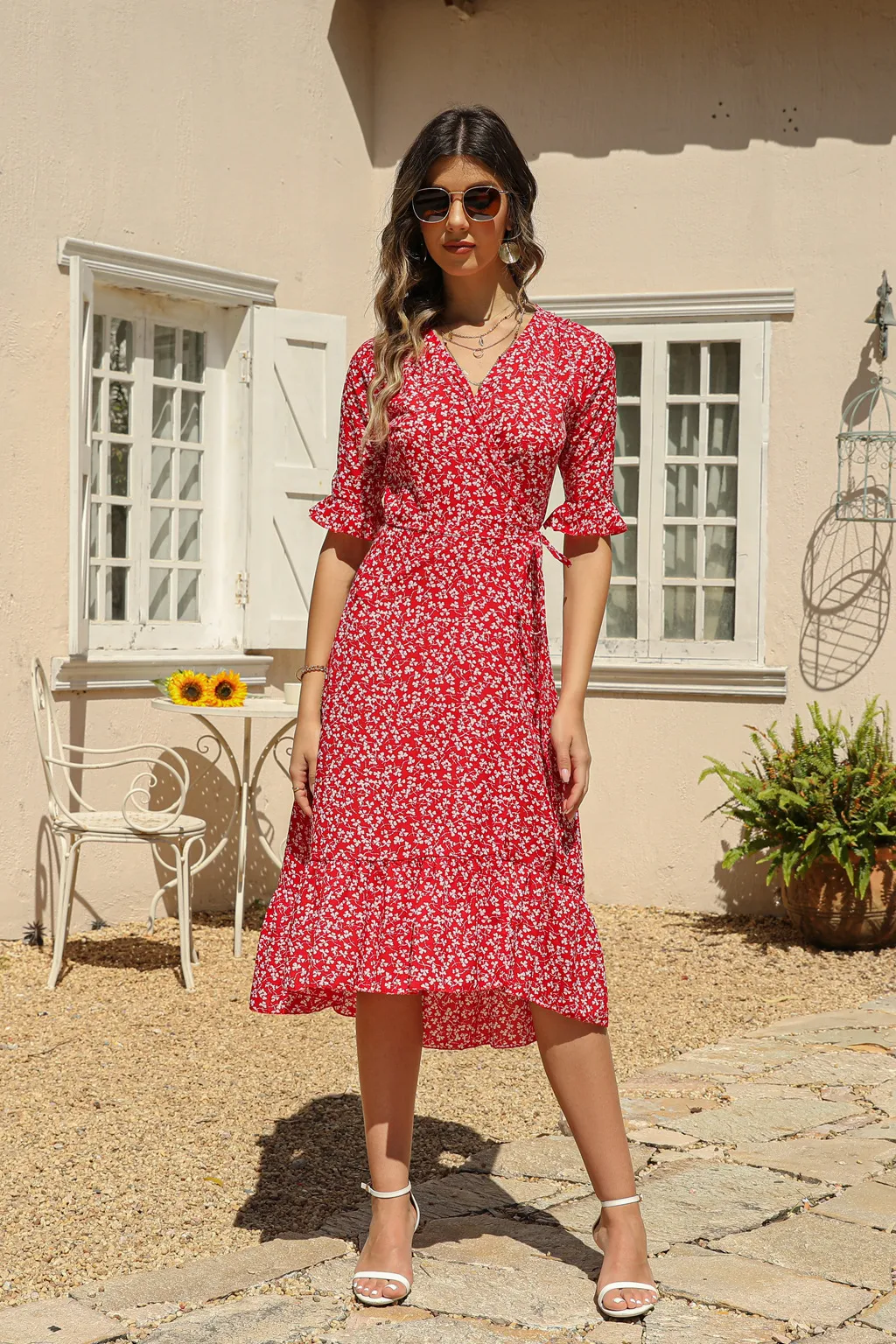 Women's Floral Dress Elegant Bohemian V Neck Short Sleeve Ditsy Floral Knee-Length Holiday Daily Beach display picture 3