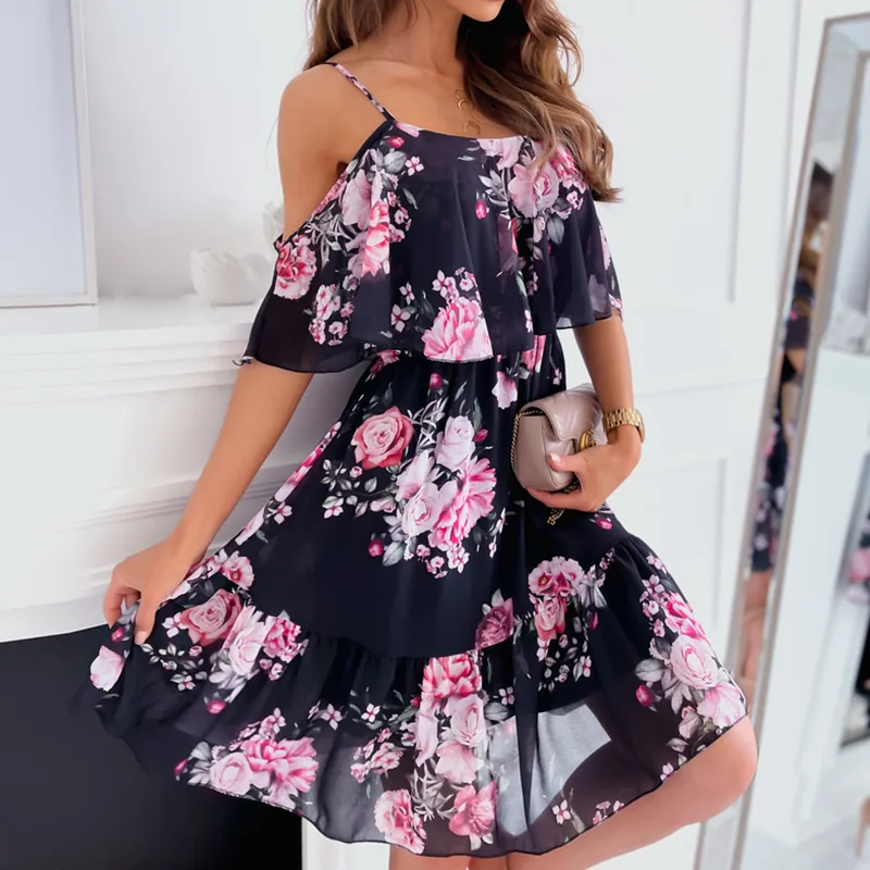Women's Chiffon Dress Elegant Sweet Scoop Strapless Short Sleeve 3D Print Knee-Length Holiday Beach display picture 3