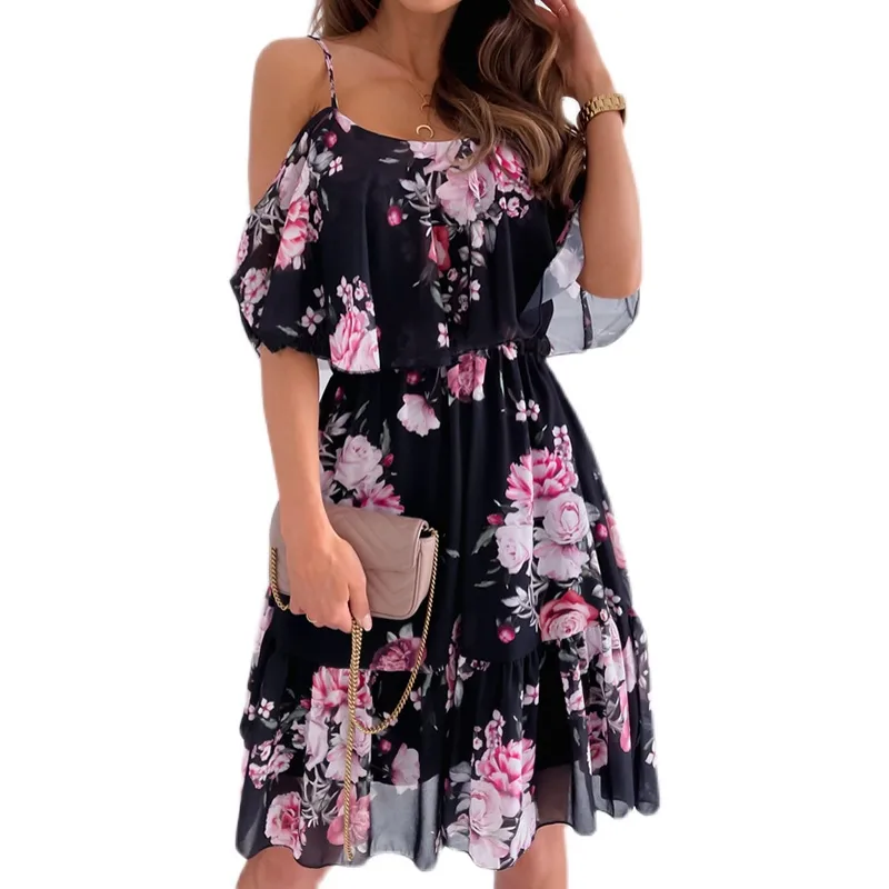 Women's Chiffon Dress Elegant Sweet Scoop Strapless Short Sleeve 3D Print Knee-Length Holiday Beach display picture 5