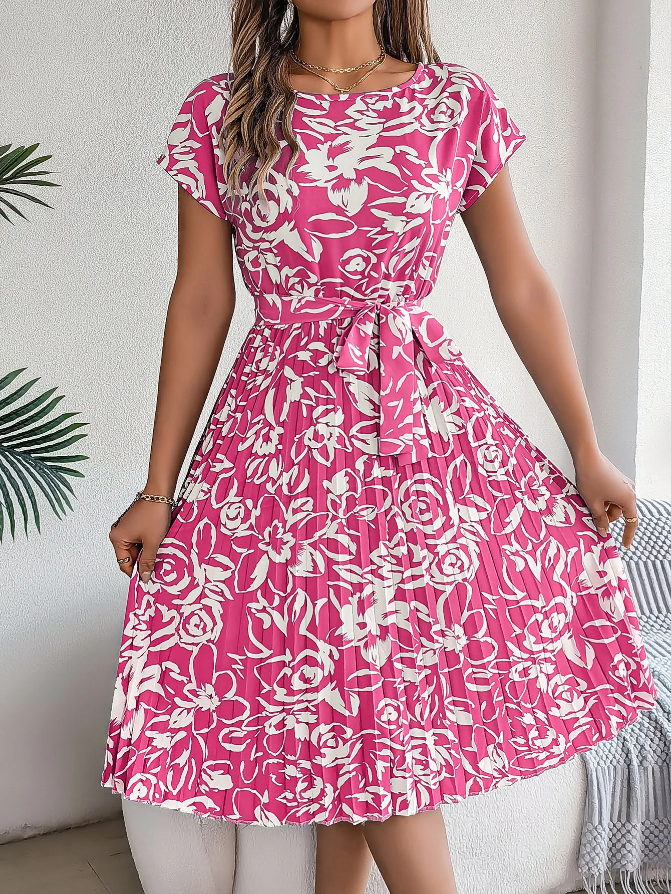 Women's Swing Dress Casual Elegant Round Neck Belt Short Sleeve 3D Print Knee-Length Holiday Daily display picture 5