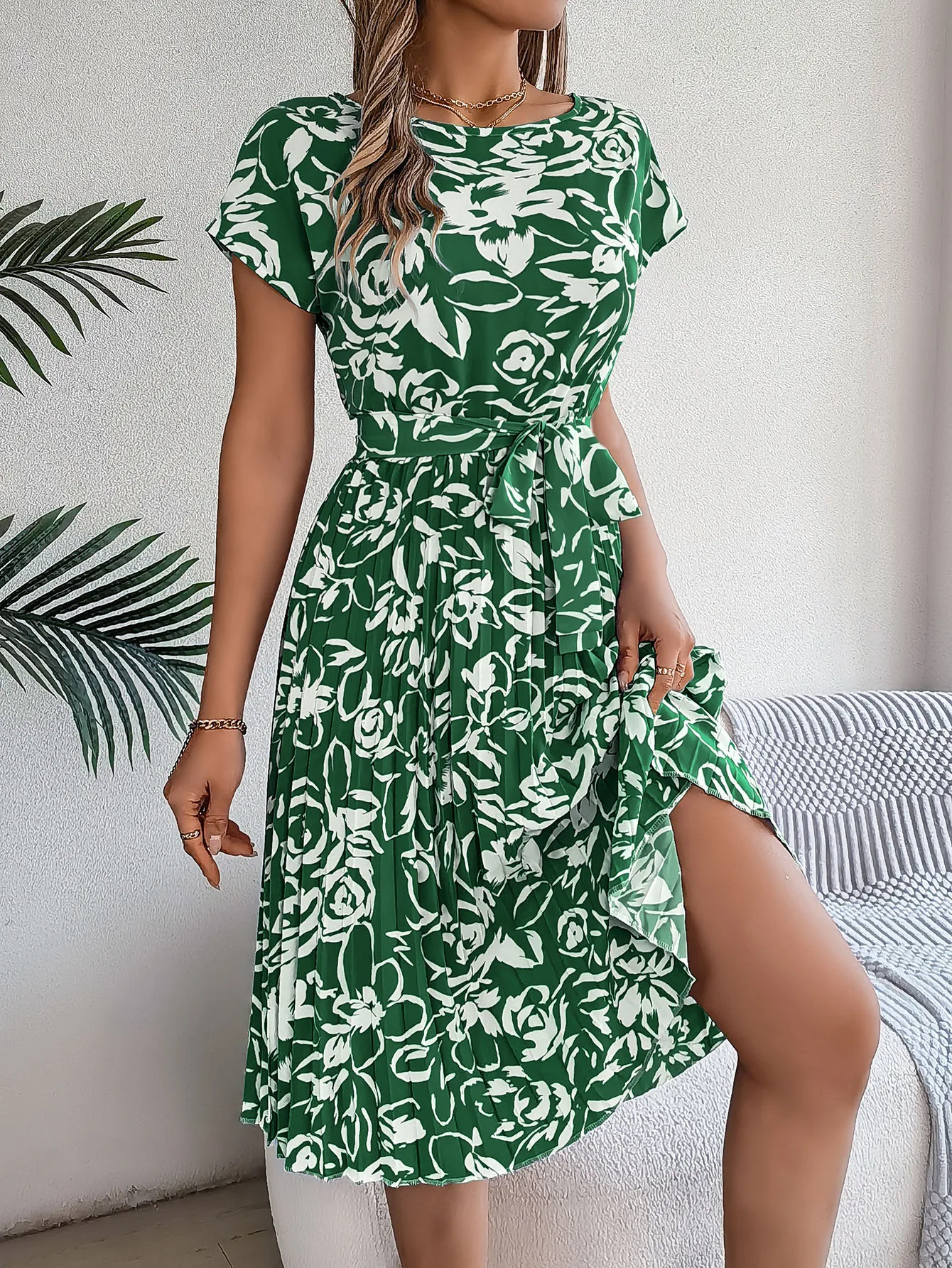 Women's Swing Dress Casual Elegant Round Neck Belt Short Sleeve 3D Print Knee-Length Holiday Daily display picture 11