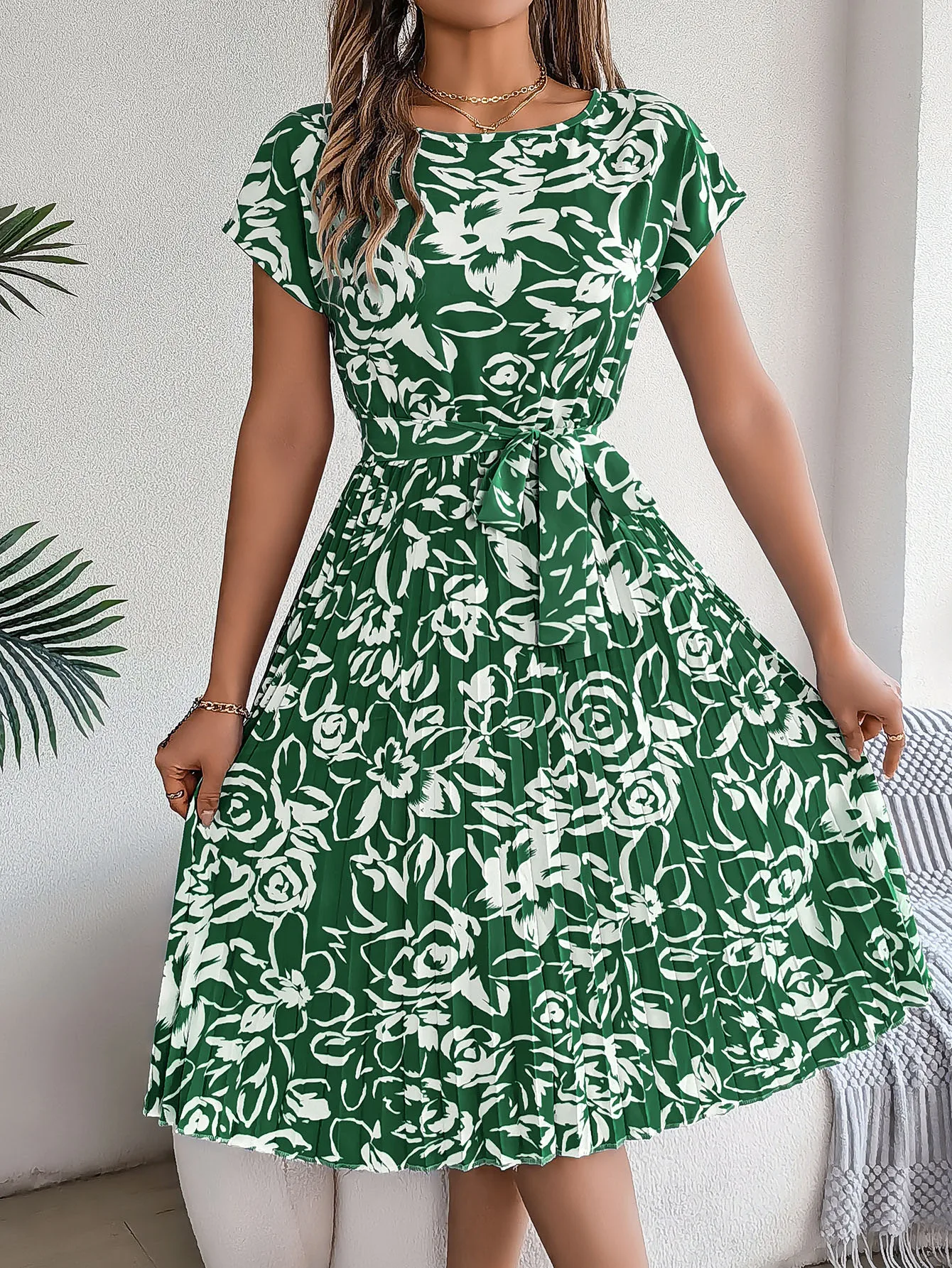 Women's Swing Dress Casual Elegant Round Neck Belt Short Sleeve 3D Print Knee-Length Holiday Daily display picture 14