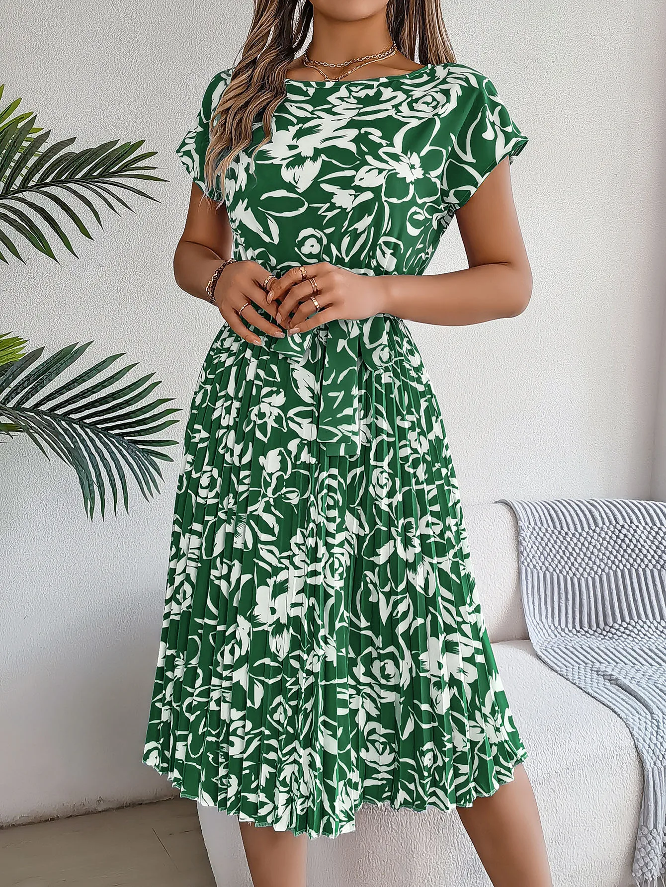 Women's Swing Dress Casual Elegant Round Neck Belt Short Sleeve 3D Print Knee-Length Holiday Daily display picture 13
