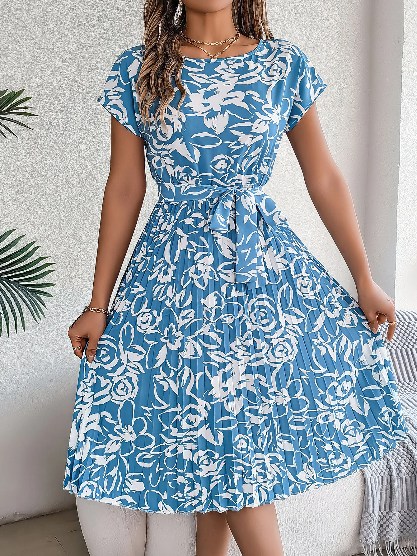Women's Swing Dress Casual Elegant Round Neck Belt Short Sleeve 3D Print Knee-Length Holiday Daily display picture 18