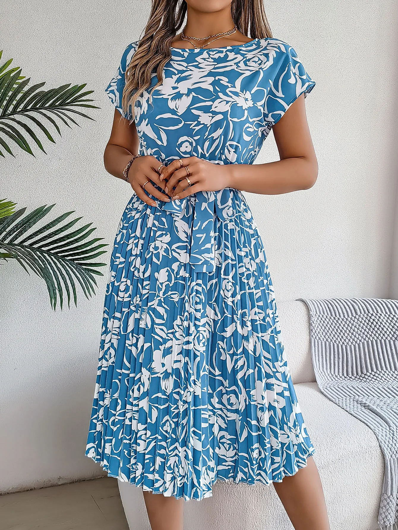 Women's Swing Dress Casual Elegant Round Neck Belt Short Sleeve 3D Print Knee-Length Holiday Daily display picture 17