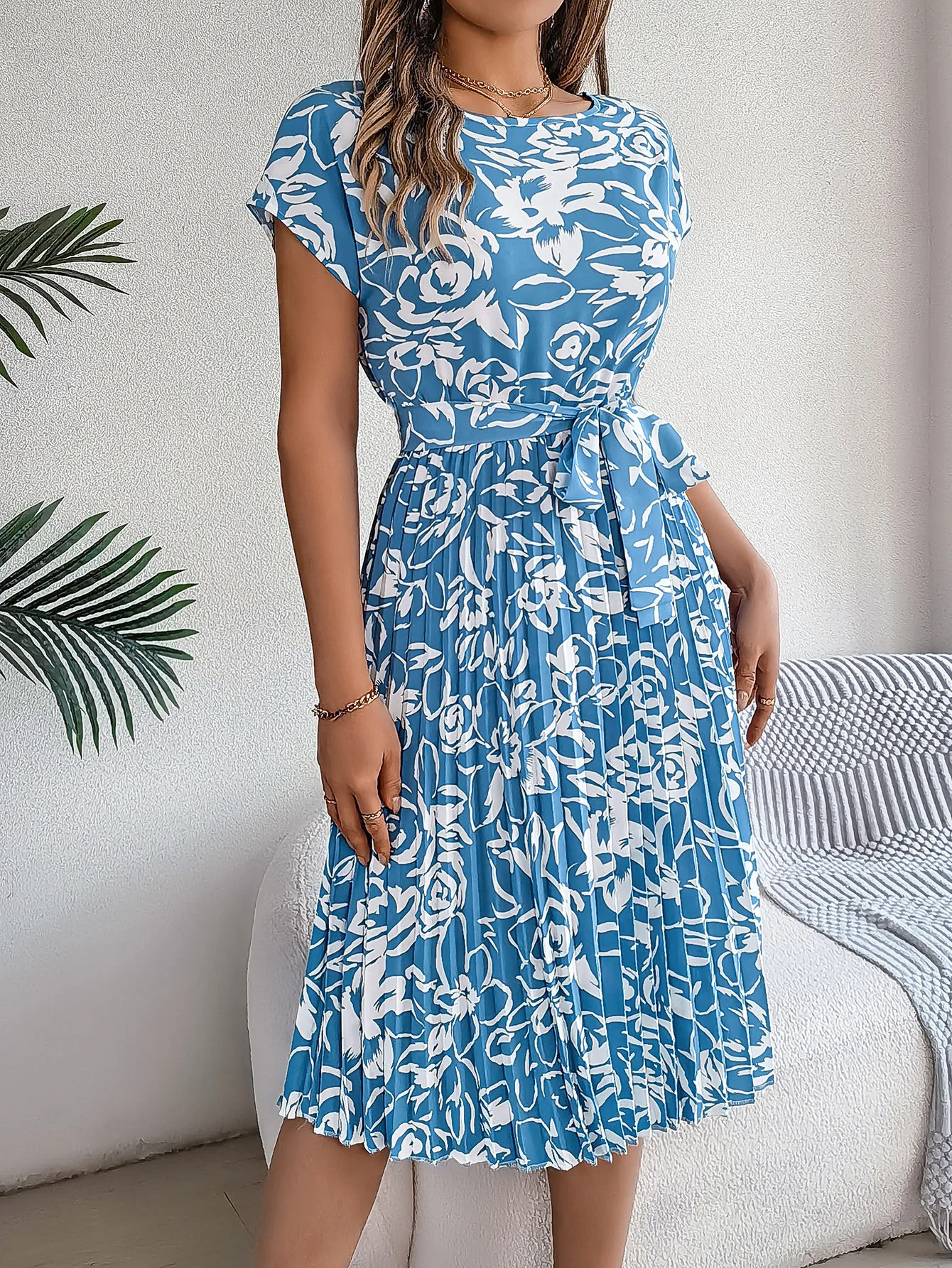 Women's Swing Dress Casual Elegant Round Neck Belt Short Sleeve 3D Print Knee-Length Holiday Daily display picture 19