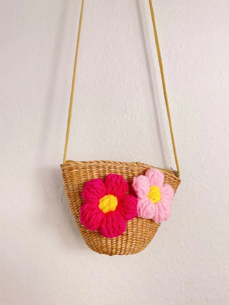 Kid'S Straw Color Block Flower Cute Bucket Zipper Shoulder Bag display picture 1