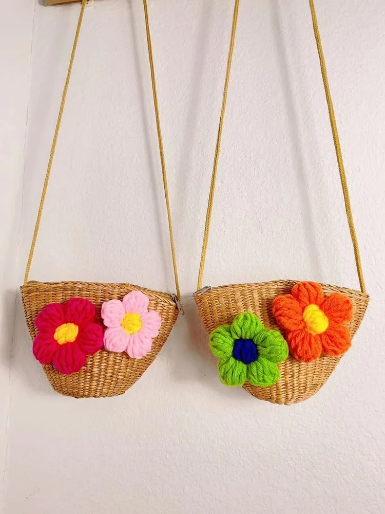 Kid'S Straw Color Block Flower Cute Bucket Zipper Shoulder Bag display picture 2