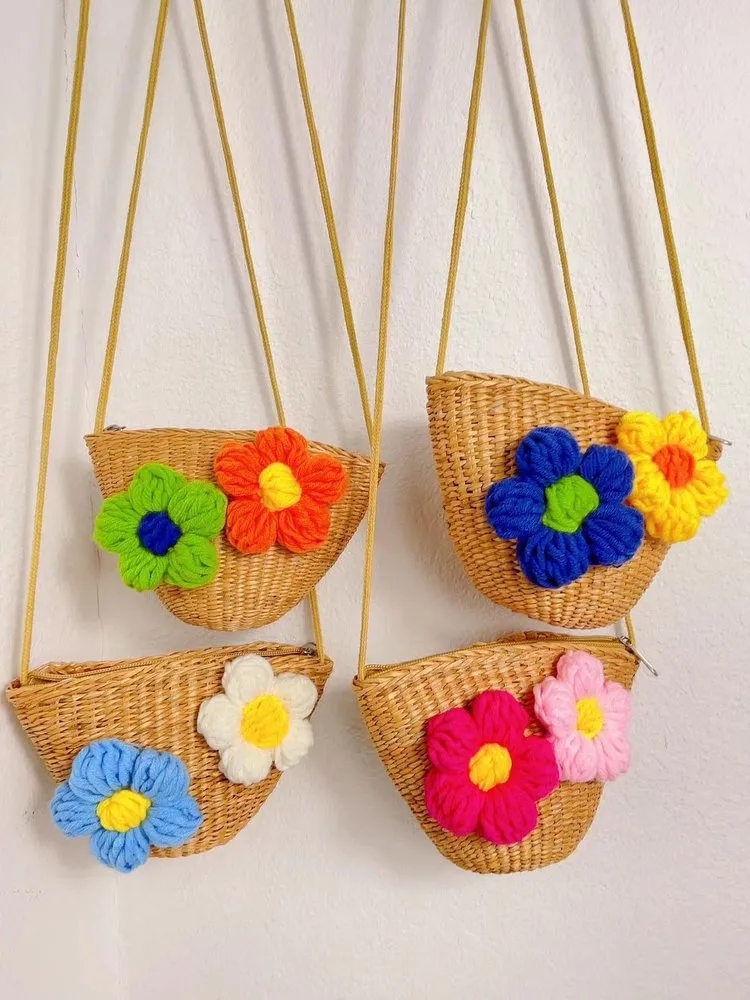 Kid'S Straw Color Block Flower Cute Bucket Zipper Shoulder Bag display picture 3