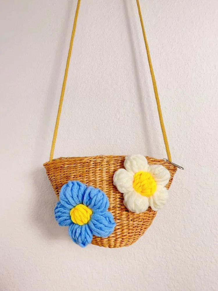 Kid'S Straw Color Block Flower Cute Bucket Zipper Shoulder Bag display picture 9