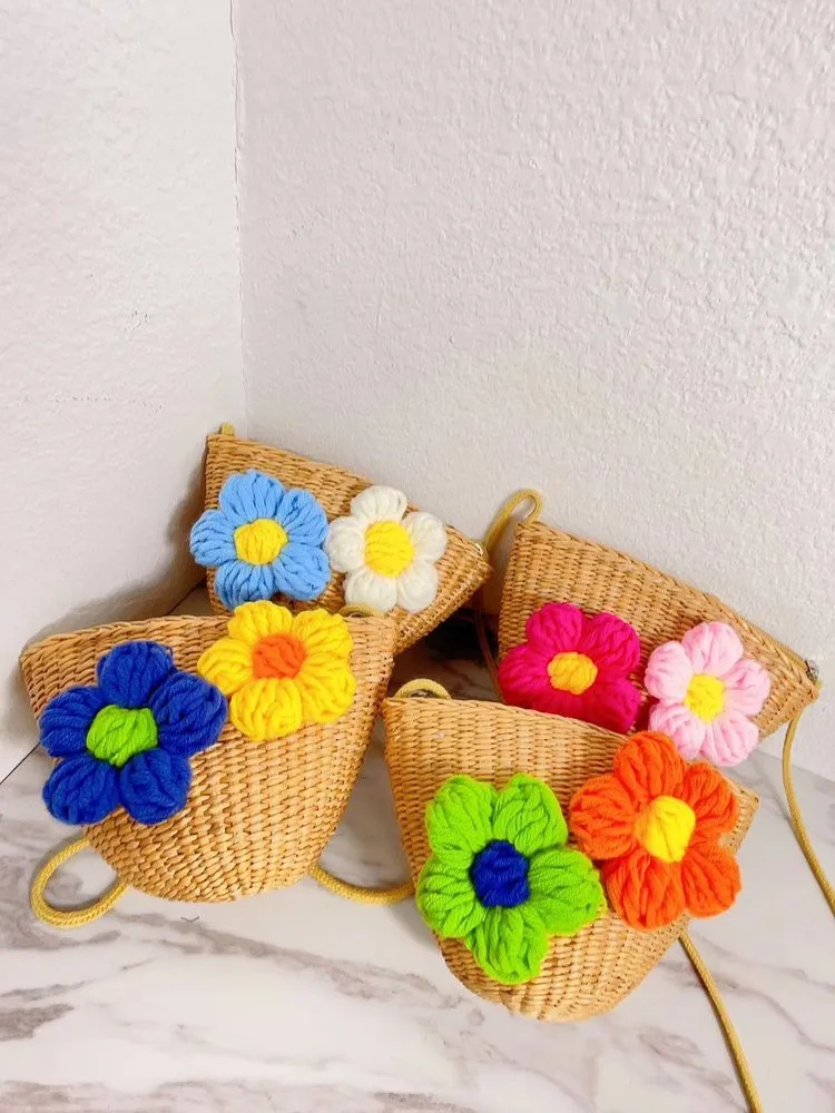 Kid'S Straw Color Block Flower Cute Bucket Zipper Shoulder Bag display picture 7
