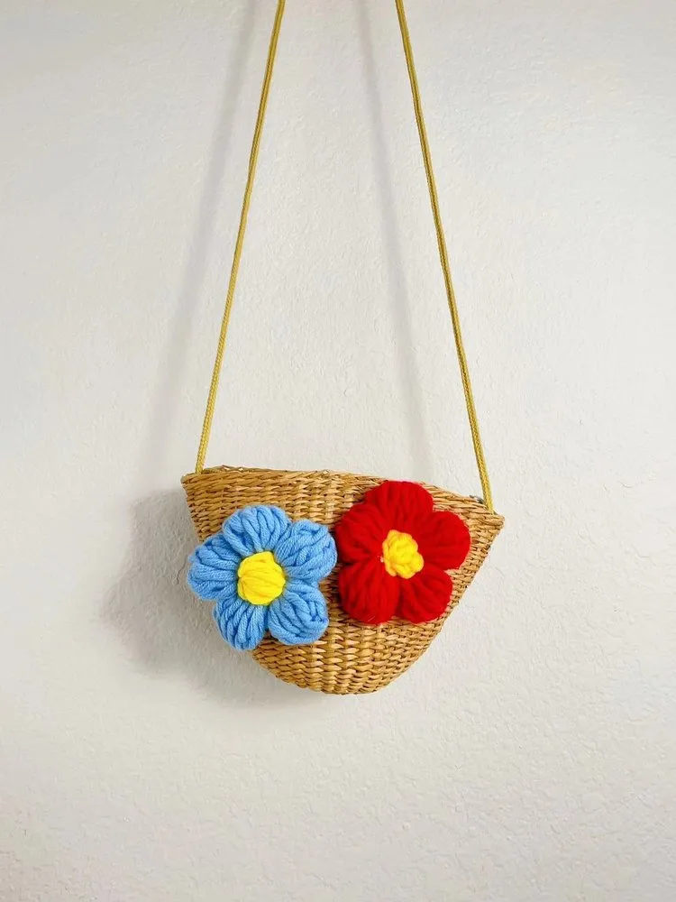 Kid'S Straw Color Block Flower Cute Bucket Zipper Shoulder Bag display picture 8