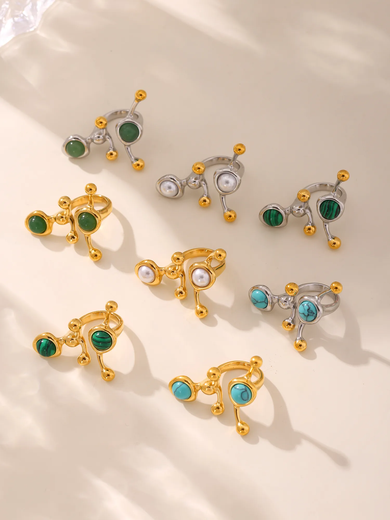 Exaggerated Luxurious Geometric 304 Stainless Steel Plating Inlay Artificial Pearls December Birthstone Turquoise 18K Gold Plated Women's Rings display picture 4