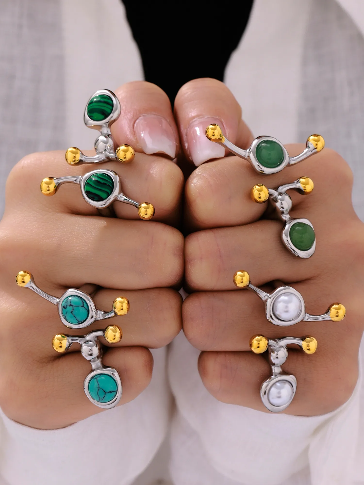 Exaggerated Luxurious Geometric 304 Stainless Steel Plating Inlay Artificial Pearls December Birthstone Turquoise 18K Gold Plated Women's Rings display picture 8