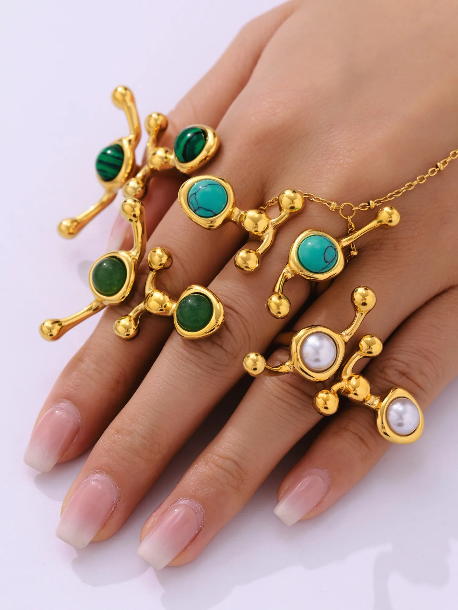 Exaggerated Luxurious Geometric 304 Stainless Steel Plating Inlay Artificial Pearls December Birthstone Turquoise 18K Gold Plated Women's Rings display picture 9