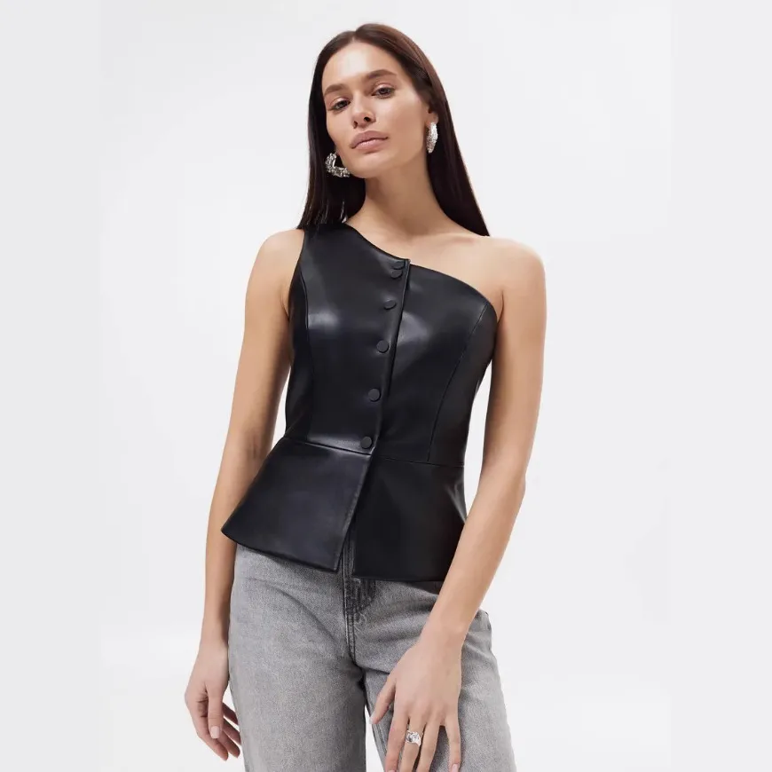 Women's Leather Jacket Vest Tank Tops Button Y2K Solid Color display picture 6