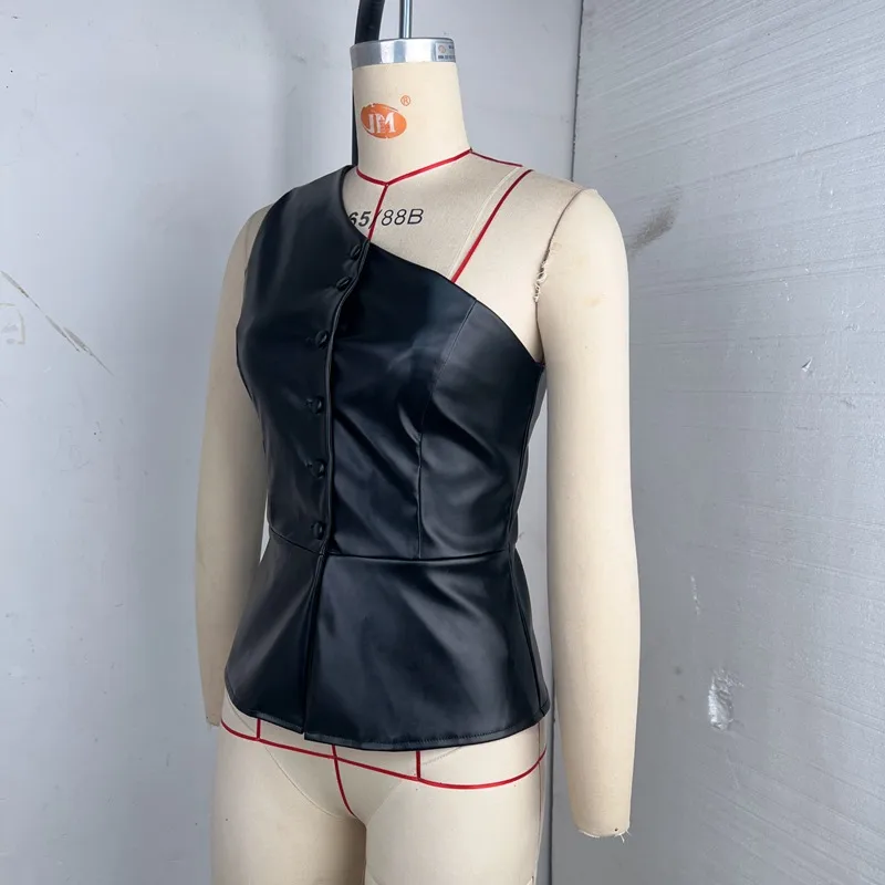 Women's Leather Jacket Vest Tank Tops Button Y2K Solid Color display picture 2