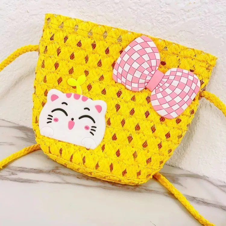Kid'S Straw Cat Bow Knot Cute Square Zipper Shoulder Bag display picture 5